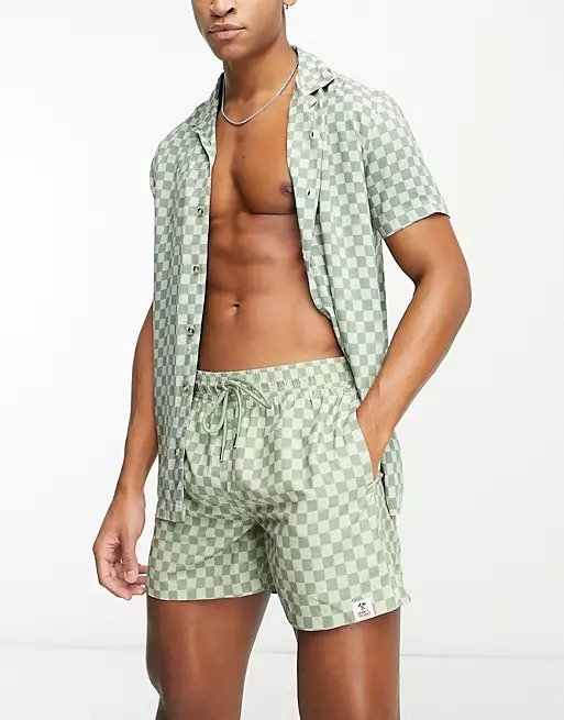 Pantaloncino da bagno a scacchi discreto verde e bianco Hunky Trunks