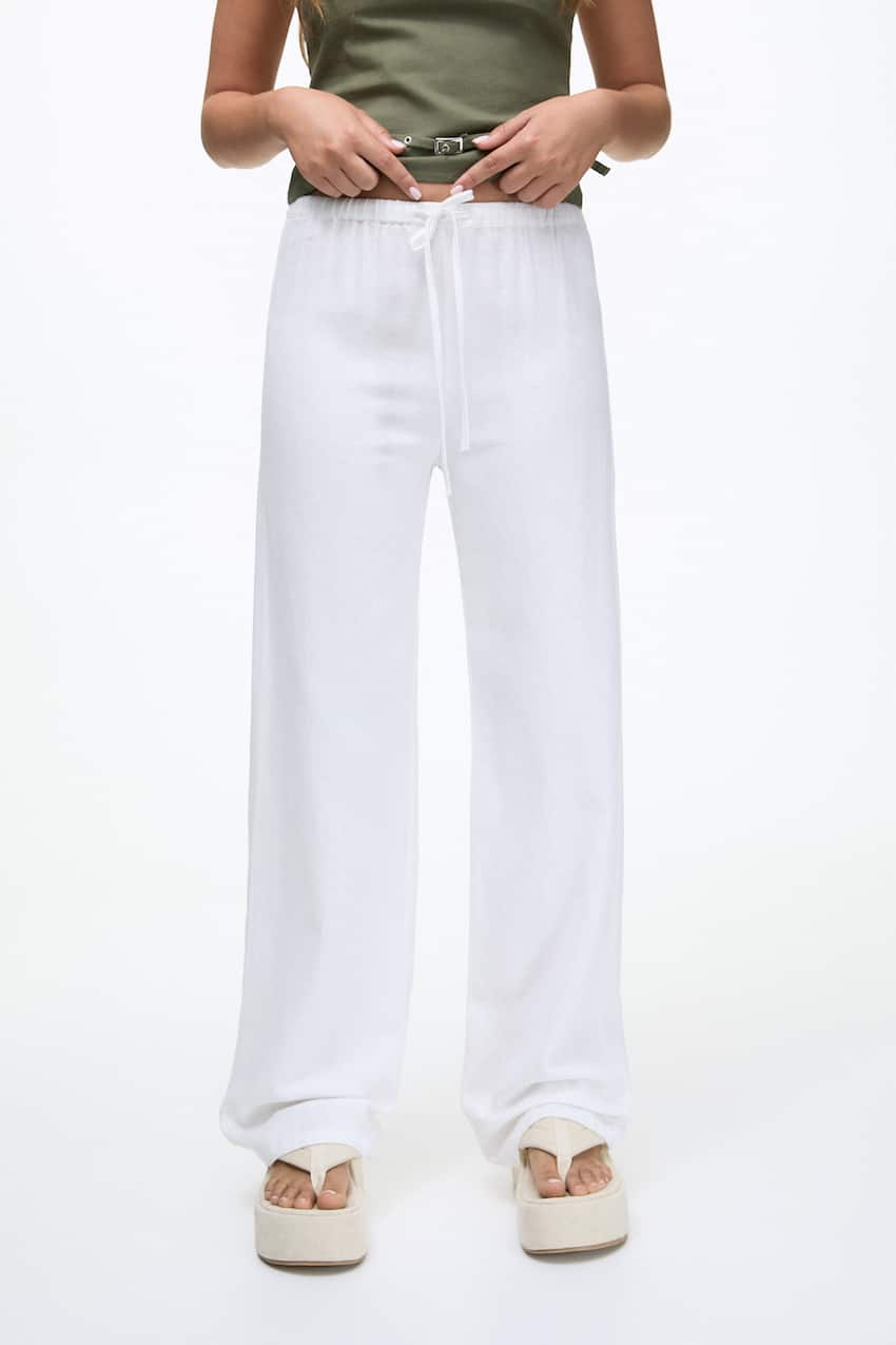 Pantalone in lino ampio bianco Pull & Bear