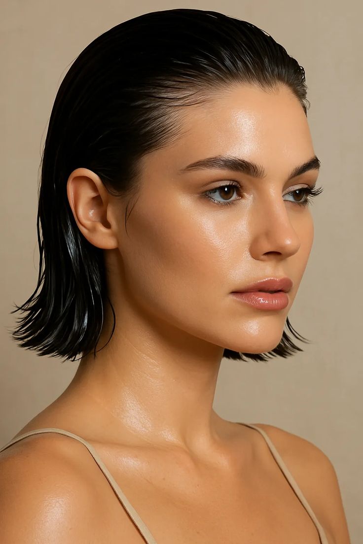 Sleek Wet Look Hair 2025 💧 Chic Short Hairstyle for Clean Girl Glam Summer Minimalism